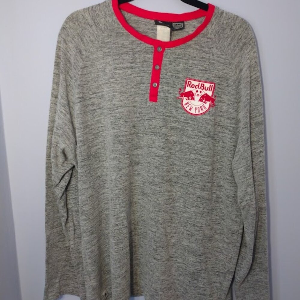 ADIDAS Long Sleeve Henley Shirt Men's 2XL Gray/Red MLS Soccer NY Red Bulls